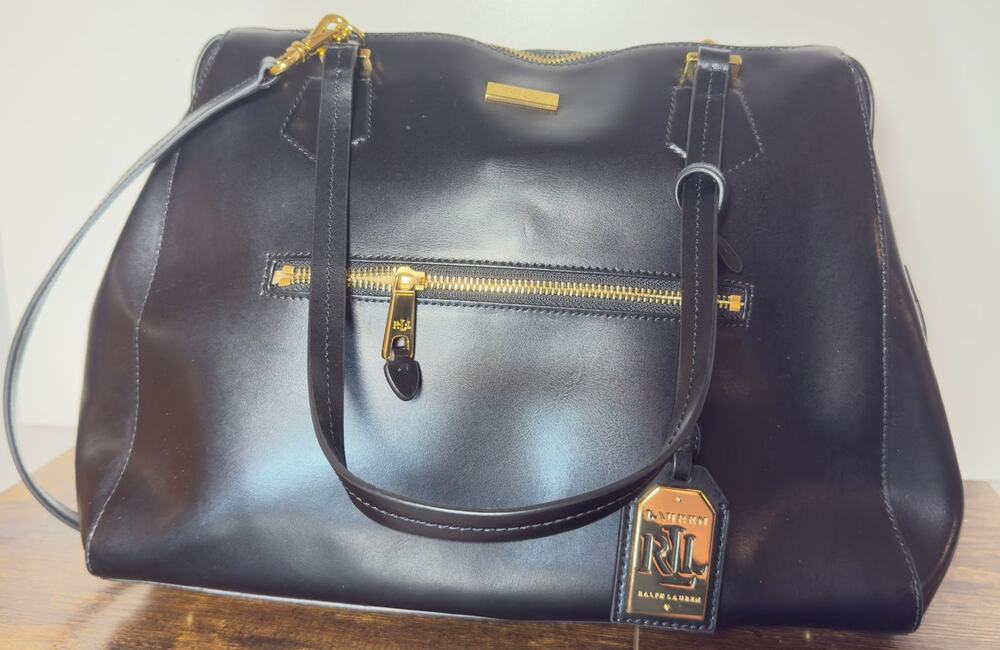 Lauren Ralph Lauren Black Leather Tote Gold Hardware